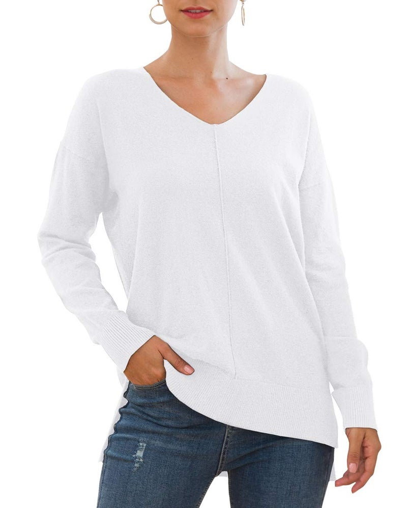 Jouica Womens Loose V-Neck Pullover Sweater Top W/Slight Hi-Low,White,X-Large - Image 1
